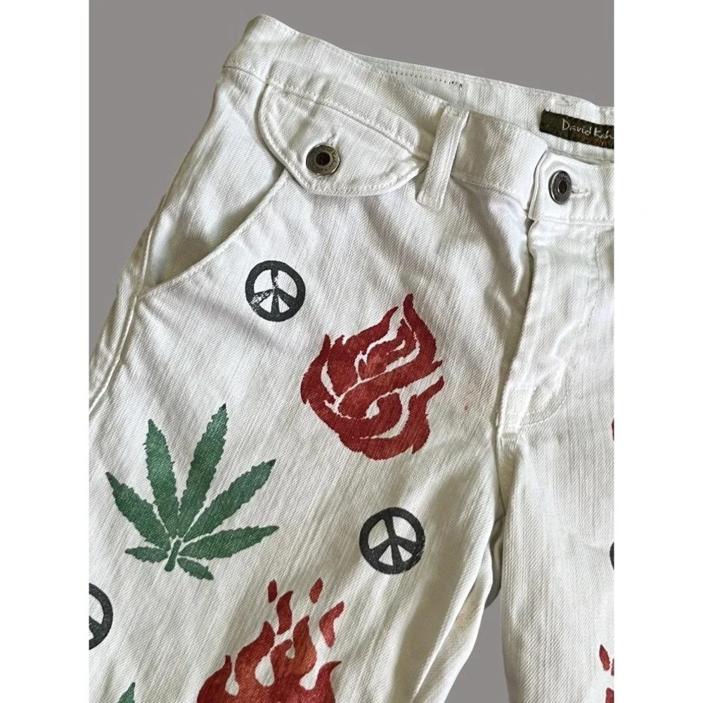 HAND PAINTED Bermuda Shorts Marijuana Peace Fire Graffiti Art Streetwear 26/S/M
